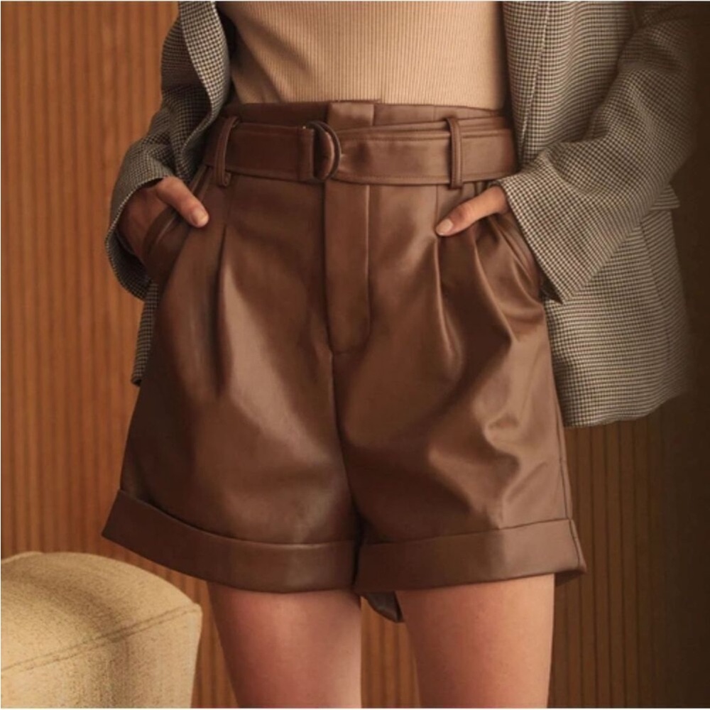 Brown Faux Leather Women Shorts
